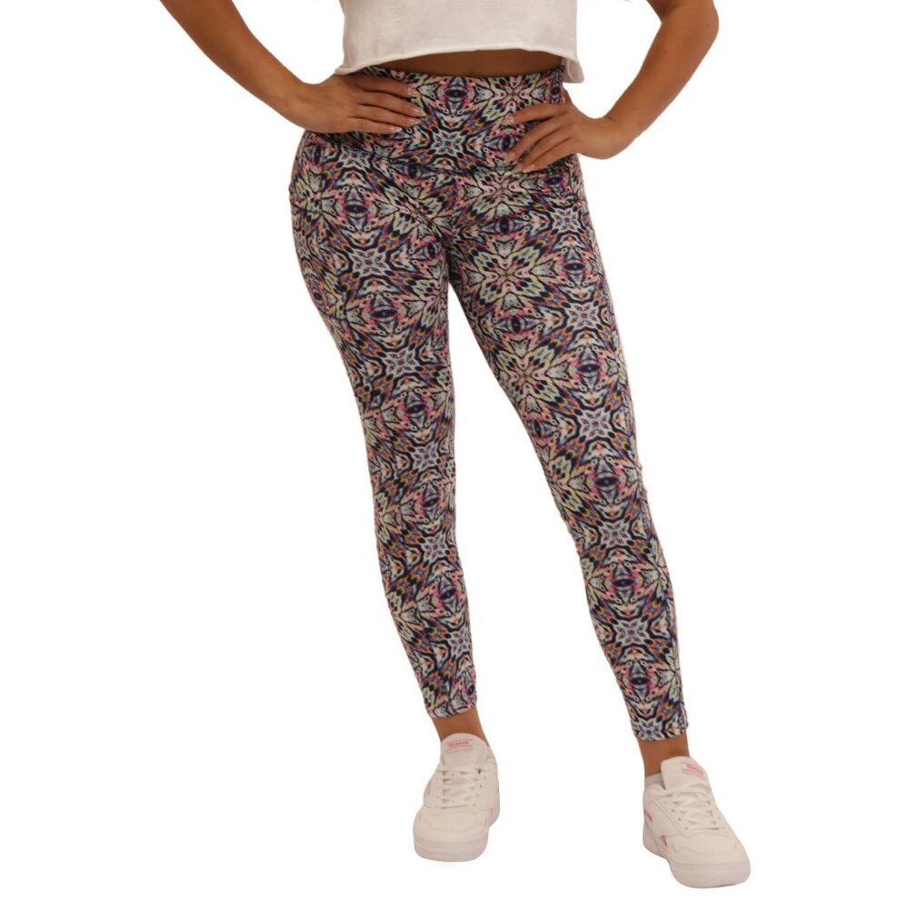 Women Tummy Control Sculpting 4 Way Stretch Mandala Yoga Leggings w/Pockets S